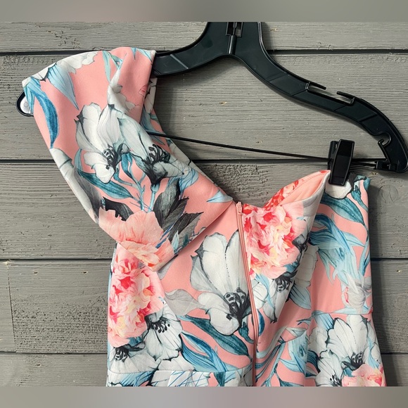 ASOS Pink Blue Floral One Shoulder Scuba Asymmetrical Peplum MIDI Dress Sz US8 - Picture 12 of 15
